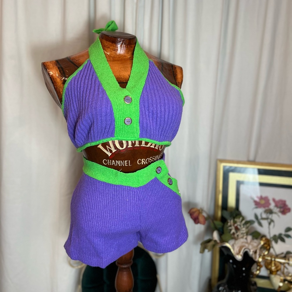 Vintage 60s Knit Set Daphne Purple Green Two Piece Mod Retro Festival DISCO